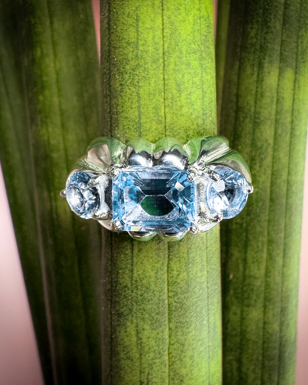Silver ring with blue topaz gemstones on a stone surface on a plant stem